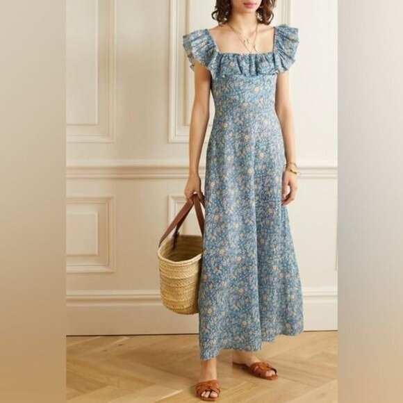Zimmermann / Carnaby floral linen ruffle Dress in Indigo Ditsy 0 small 4 - Picture 1 of 14